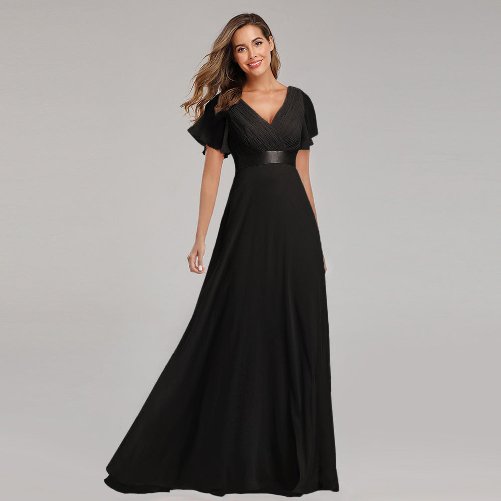 Hand-Folded Large V-neck Dress Chiffon Elastic Banquet Bridesmaid Evening Dress for Women