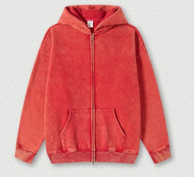 Autumn Winter Brand Washed Sweatshirt Hooded Cardigan Vintage Fleece-Lined Red Sweatshirt