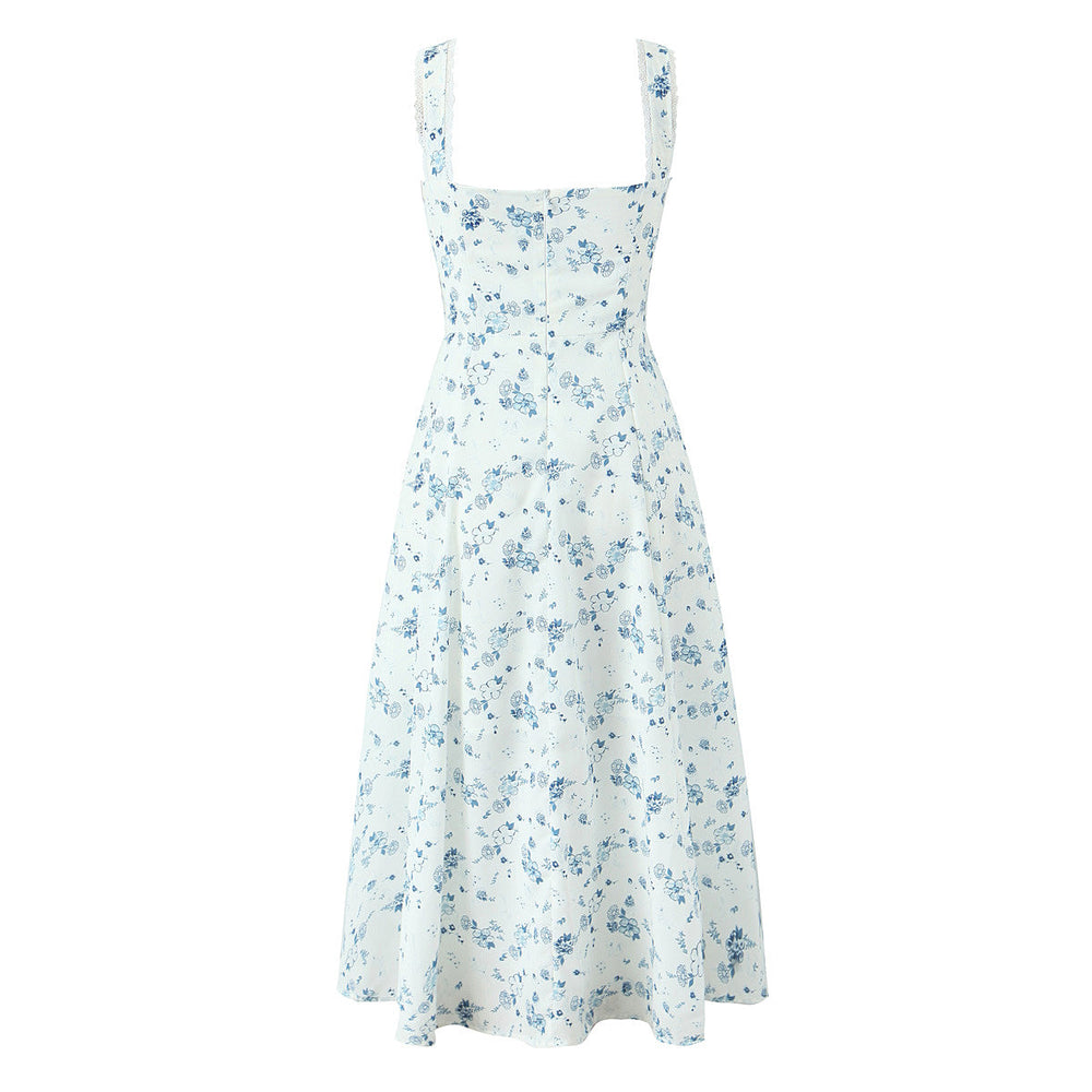 Spring Floral Print Lace Trim High Waist Slim Mid Length Sling Dress