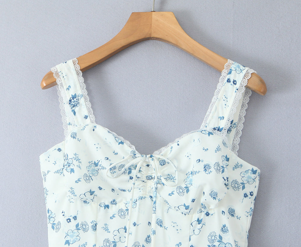 Spring Floral Print Lace Trim High Waist Slim Mid Length Sling Dress