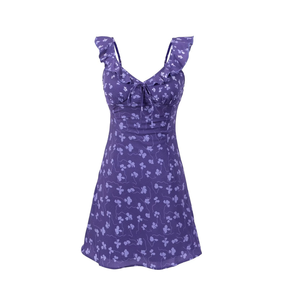 Vintage Ruffled V neck Lace up Printed Dress Summer Tight Waist Slim Holiday Short Suspender Dress