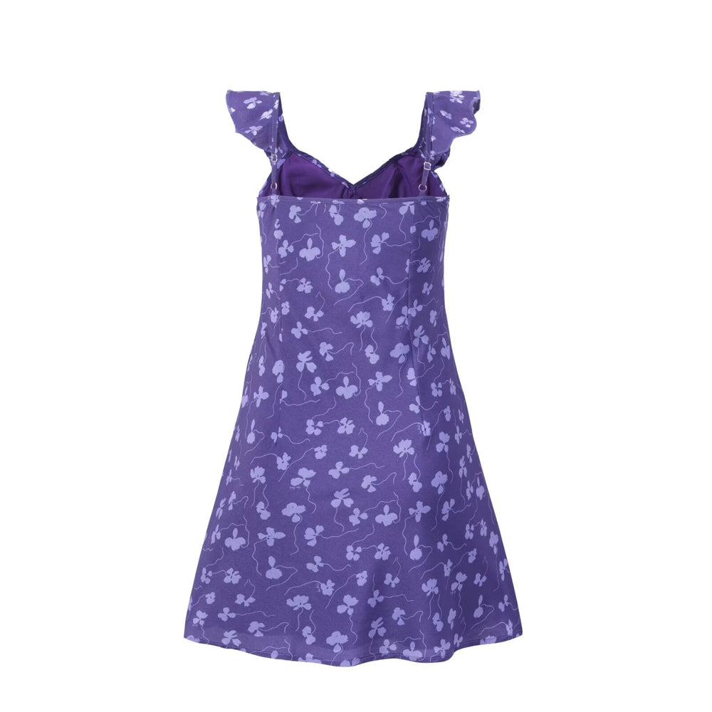 Vintage Ruffled V neck Lace up Printed Dress Summer Tight Waist Slim Holiday Short Suspender Dress