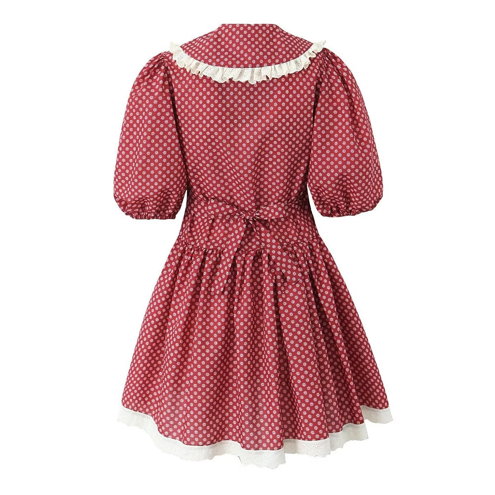 Women Clothing Spring Retro Red French Doll Collar Waist Controlled Lace up Dress