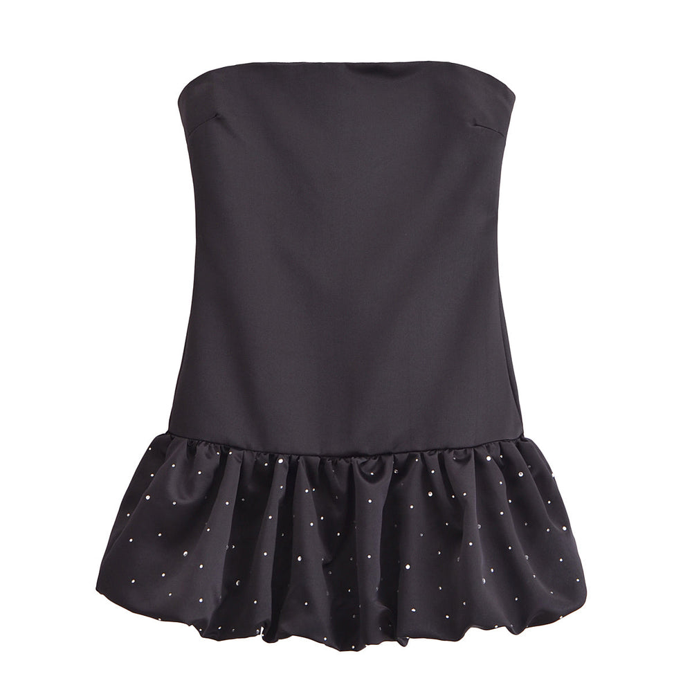 Women Rhinestone Balloon Version Silk Satin Texture Dress