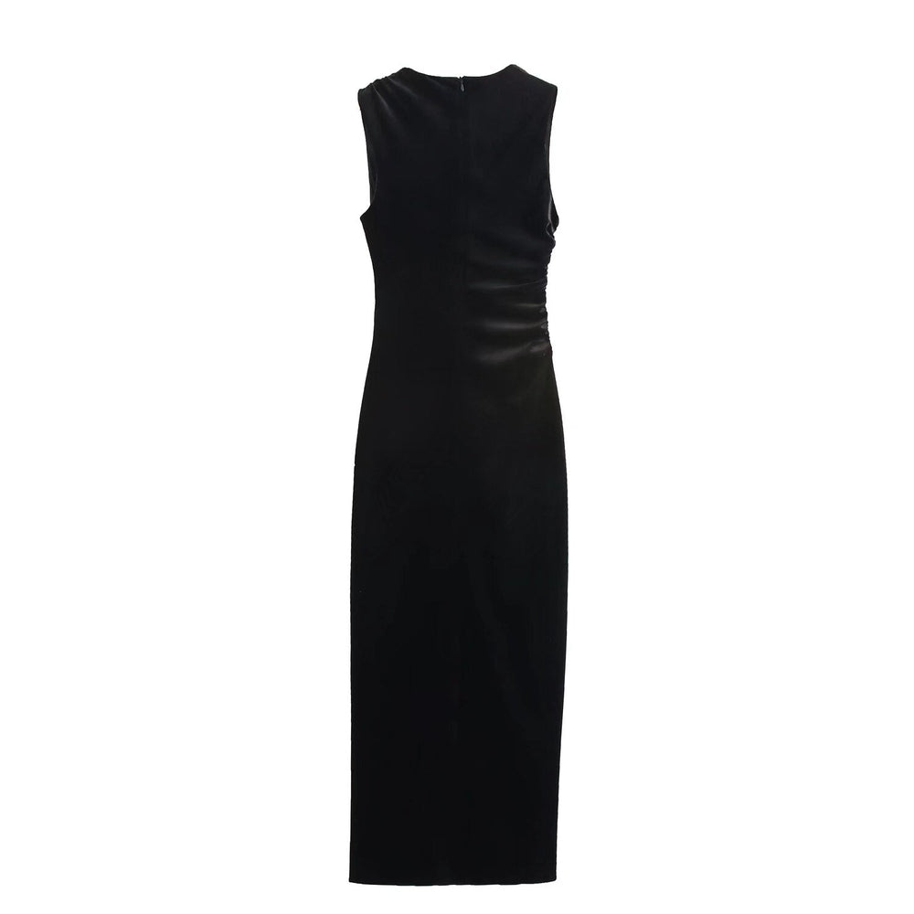 Spring Women Elegant Velvet Texture Pleated Midi Dress