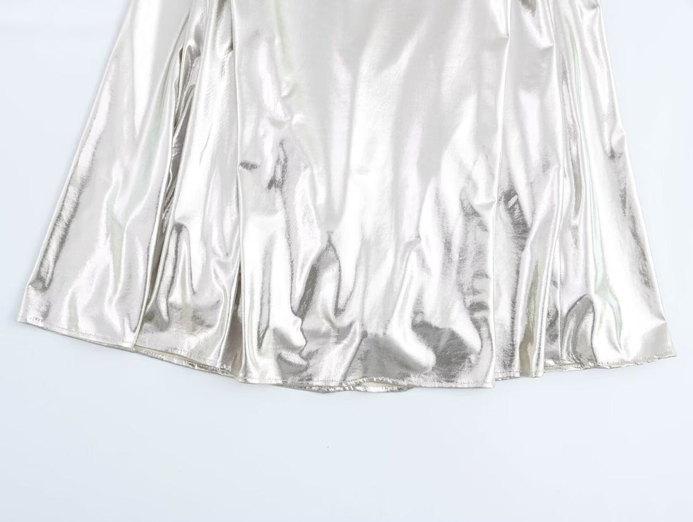 Women Clothing Metal Foil Pleated Slim Strap Dress