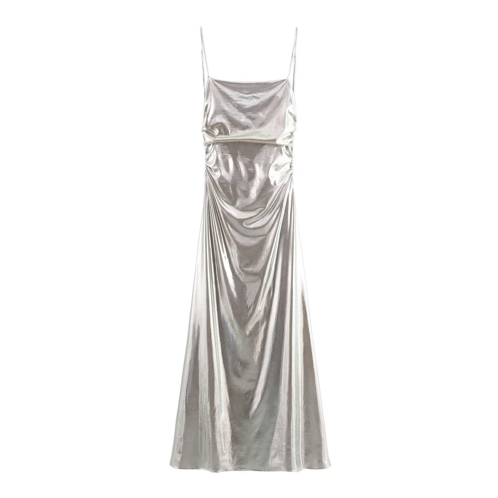 Women Clothing Metal Foil Pleated Slim Strap Dress