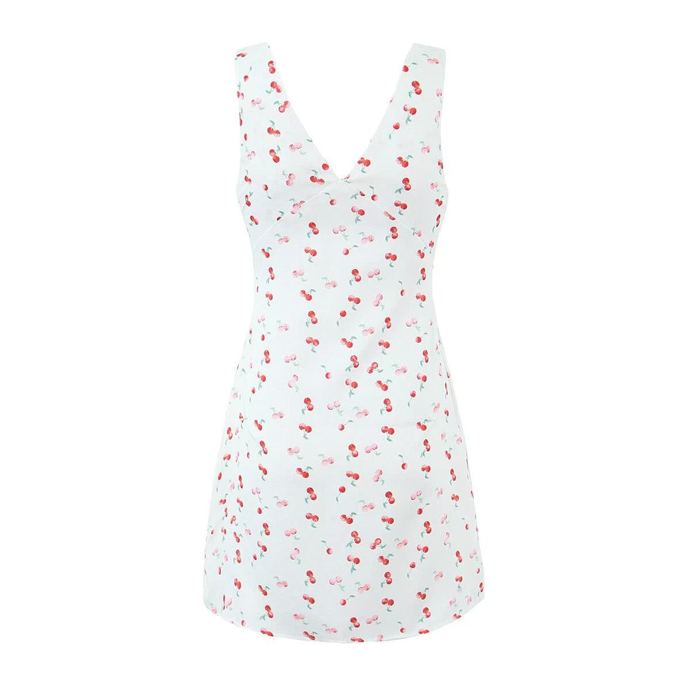 Women Clothing Summer Sexy Low Cut V neck Sleeveless Printed Dress