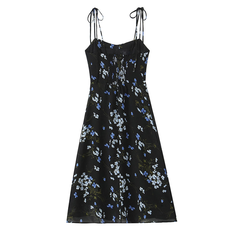 Spring French Vintage Floral Printed High Waist Sexy Side Split Hem Sling Dress