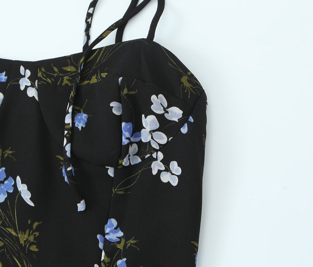Spring French Vintage Floral Printed High Waist Sexy Side Split Hem Sling Dress