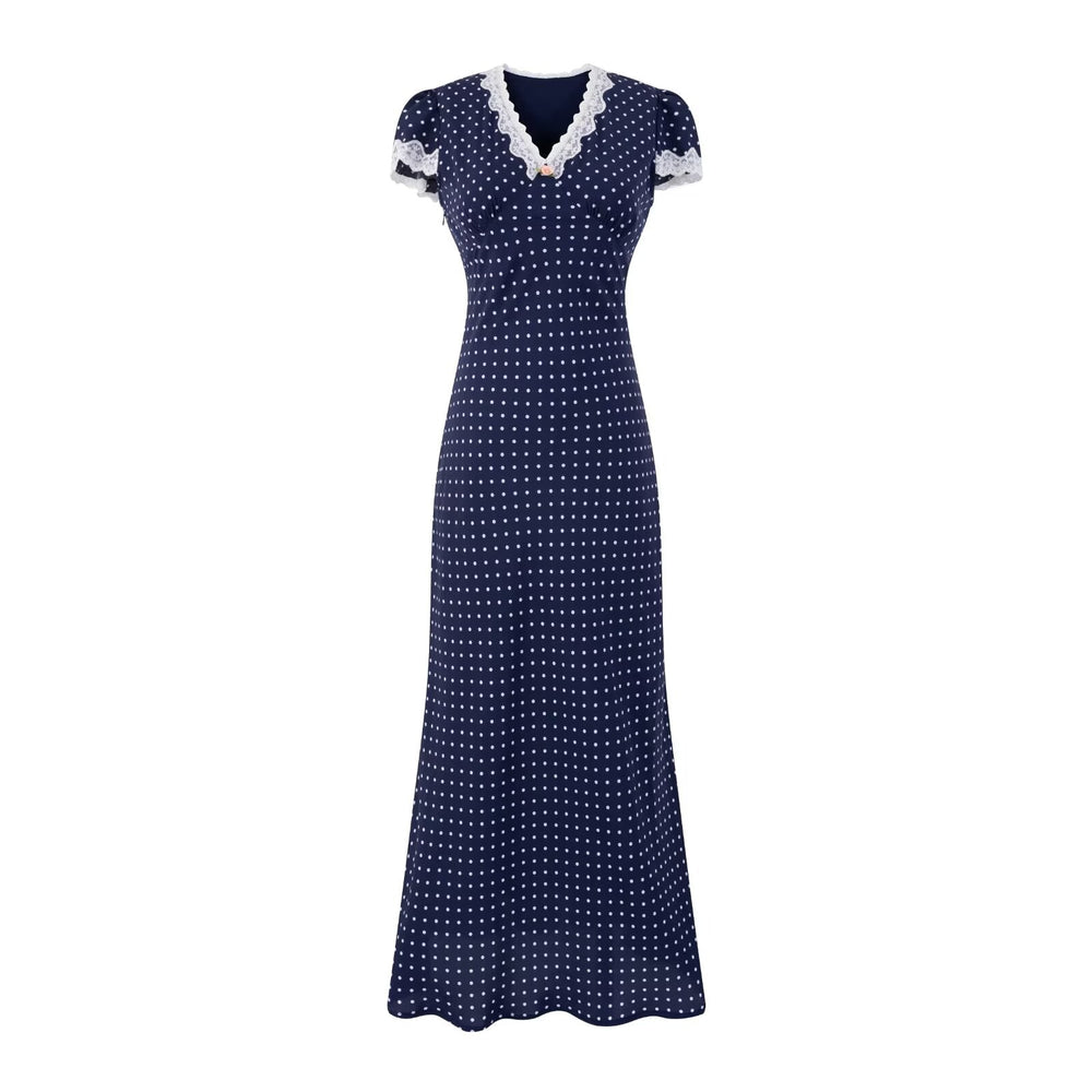 V neck Lace Stitching Short Sleeve Dress Women Polka Dot Print Slim Fit Waist Controlled Lace up Fishtail Dress