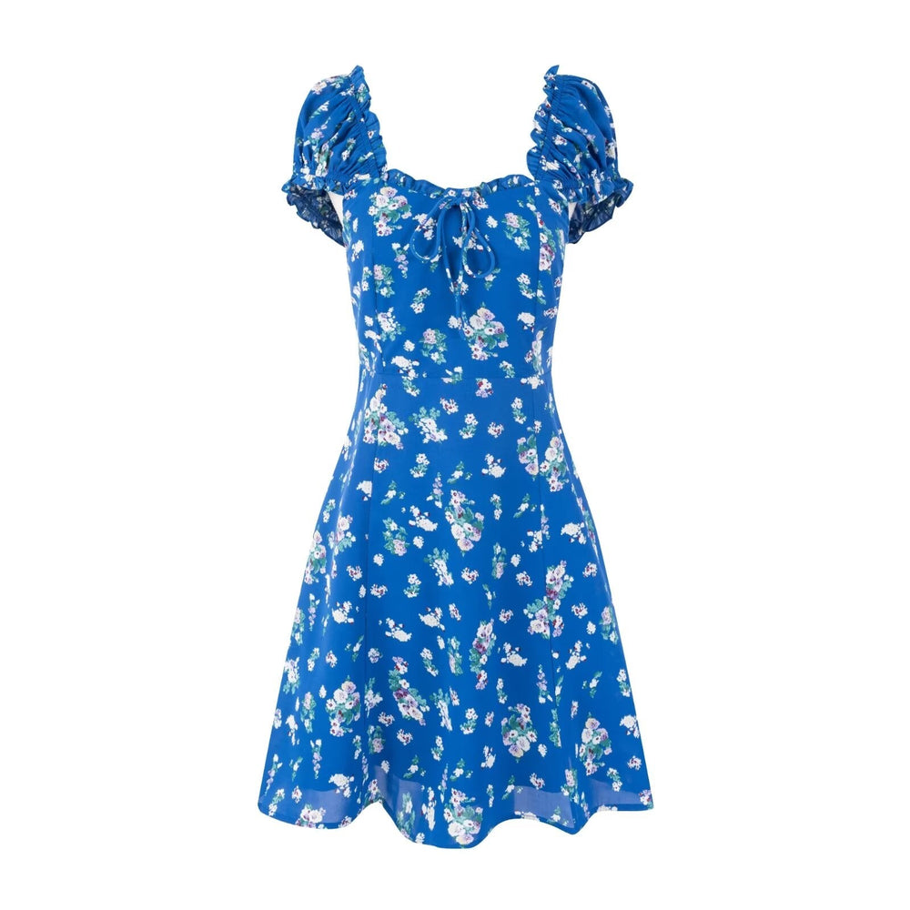 Early Spring Square Collar Puff Sleeve Waist Slimming Printing Dress