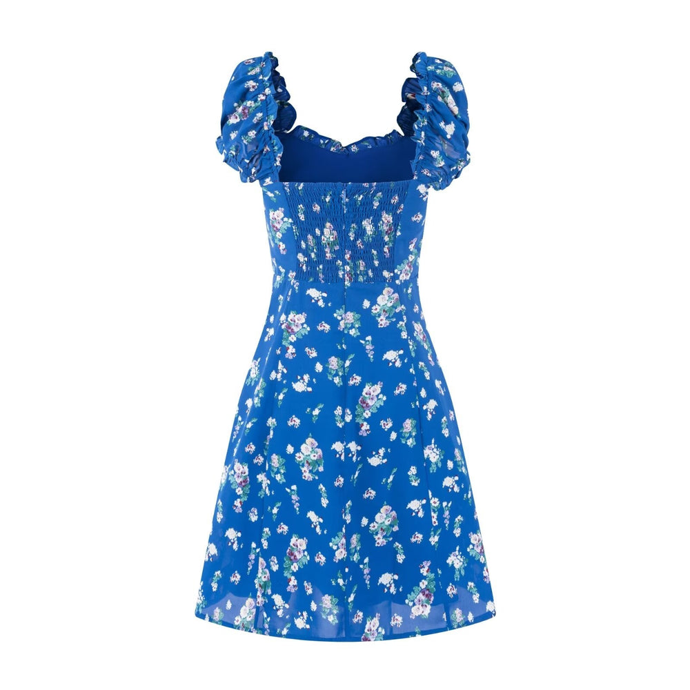 Early Spring Square Collar Puff Sleeve Waist Slimming Printing Dress