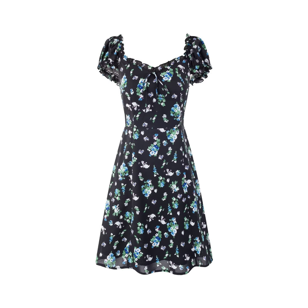 Early Spring Square Collar Puff Sleeve Waist Slimming Printing Dress