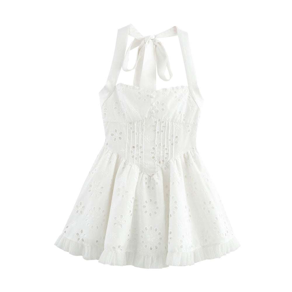 Women Sweet Cutout Embroidery Lace Stitching Halter Lace up Dress