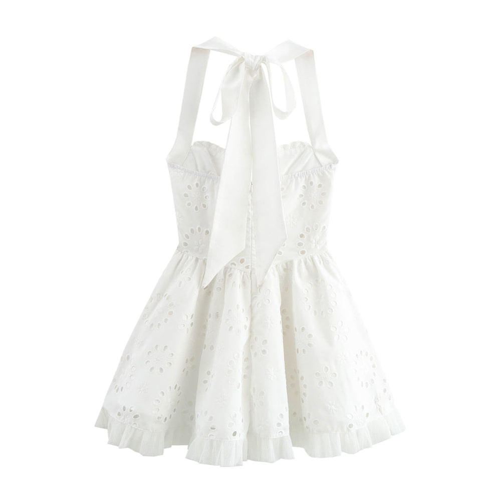 Women Sweet Cutout Embroidery Lace Stitching Halter Lace up Dress