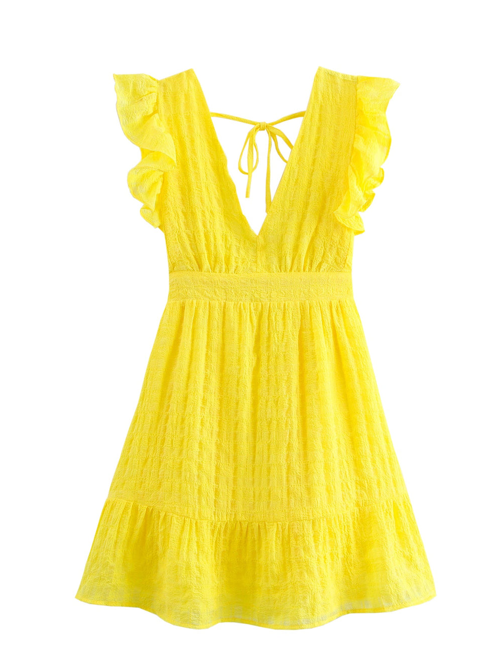 Women Waist Slimming V Neckline Ruffled Sleeveless Dress