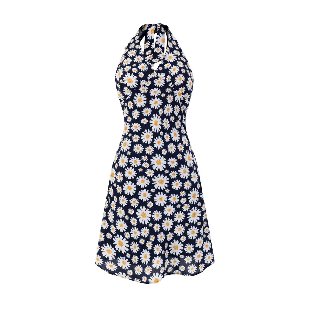 Summer Sexy Sexy High Waist Slim Fit Little Daisy Printed Halter Backless Dress Short
