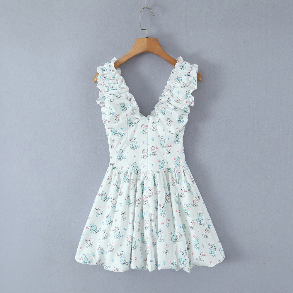 Spring Summer Women Clothing Sexy Fresh Printed V neck Tulle Dress