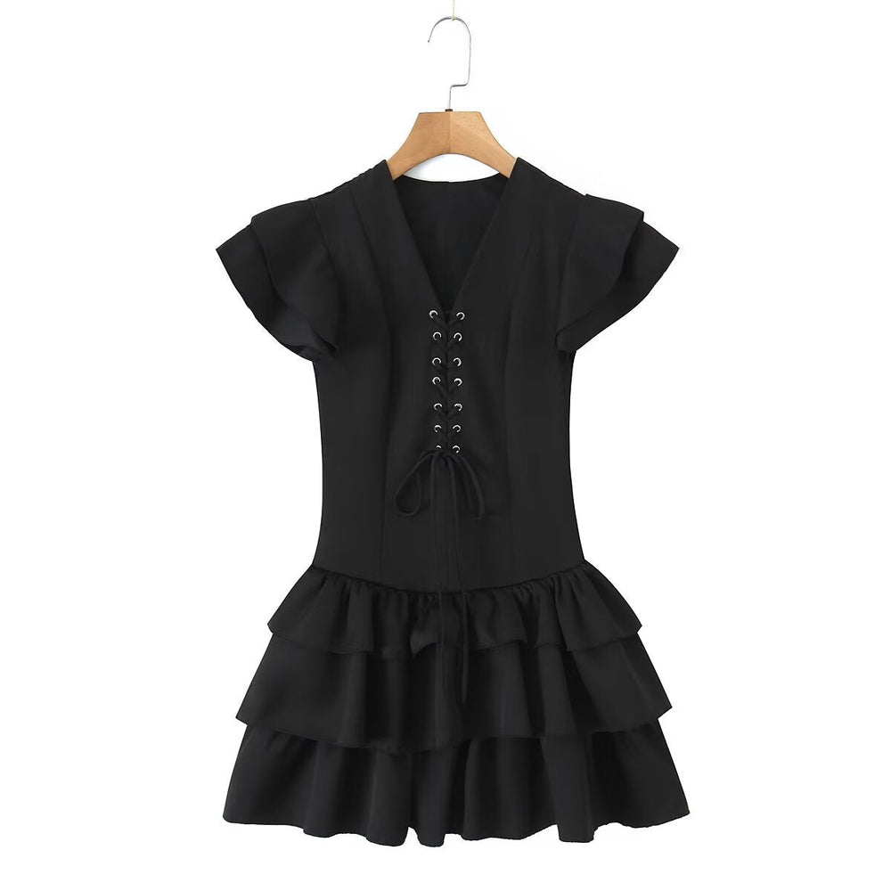 Summer Women Sexy Flying Sleeve Lace up Slim Fitting Patchwork Solid Color Tiered Dress