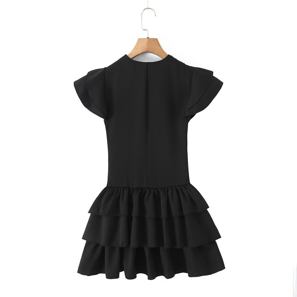 Summer Women Sexy Flying Sleeve Lace up Slim Fitting Patchwork Solid Color Tiered Dress