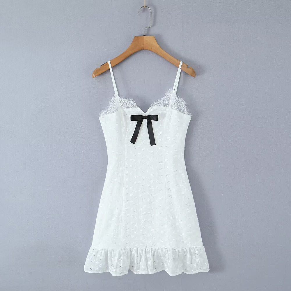 V neck Lace Chest Bow Suspender Dress Sweet Slim Fit Wooden Ear
