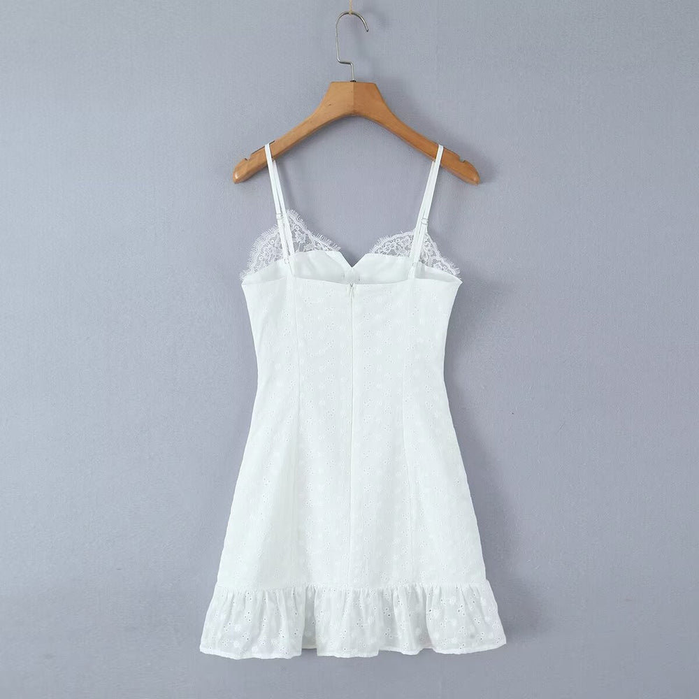 V neck Lace Chest Bow Suspender Dress Sweet Slim Fit Wooden Ear