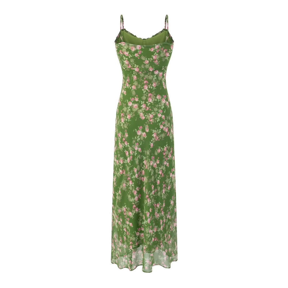 Spring Summer Beach Vacation Casual Floral Print Green Background Suspender Dress