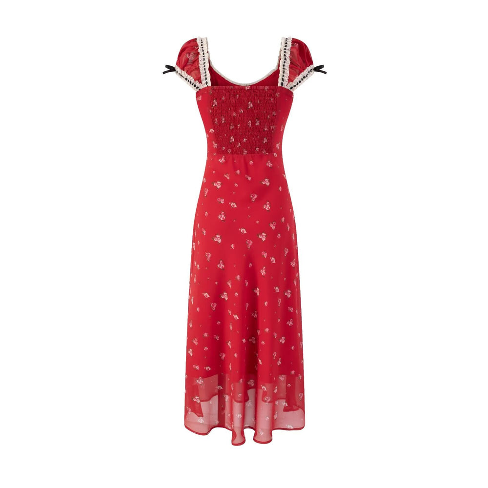 Spring Summer Cherry Red Printed Retro Hip Dress
