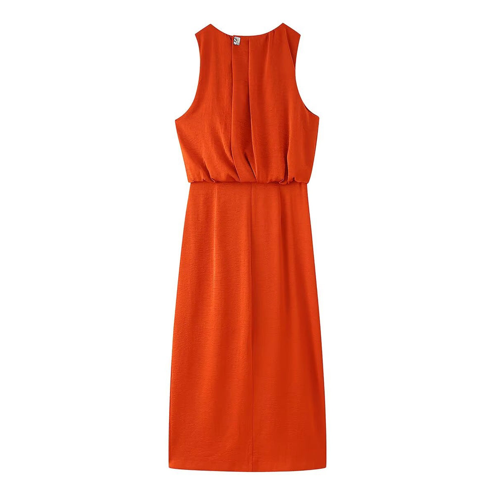 Spring Women Clothing Pleated Decorative Silk Satin Texture Dress