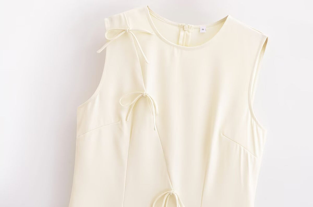 Spring Women Clothing Minimalist Bowknot Lace up Crew Neck Dress