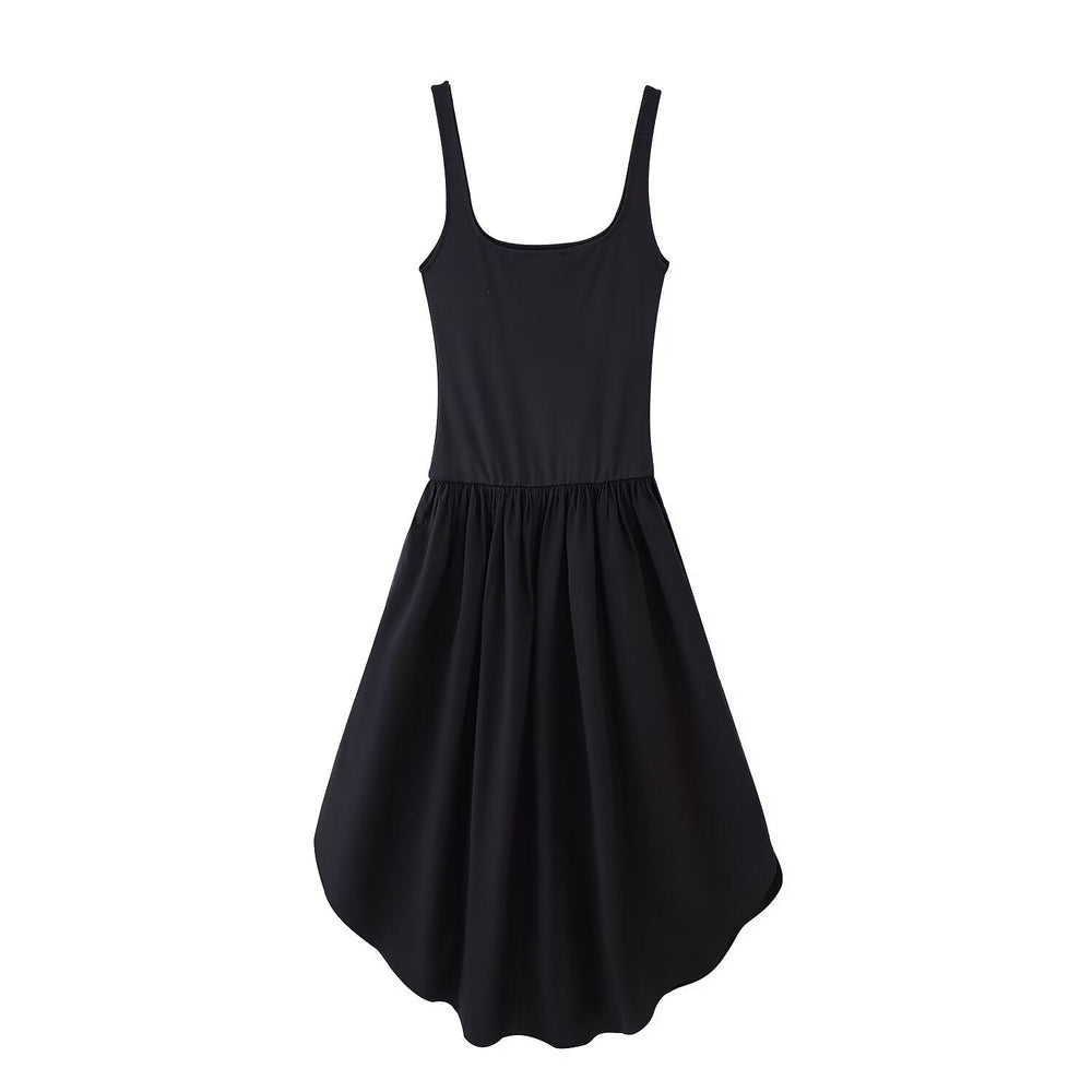 Summer Solid Color Stitching Spaghetti Straps Sleeveless Dress