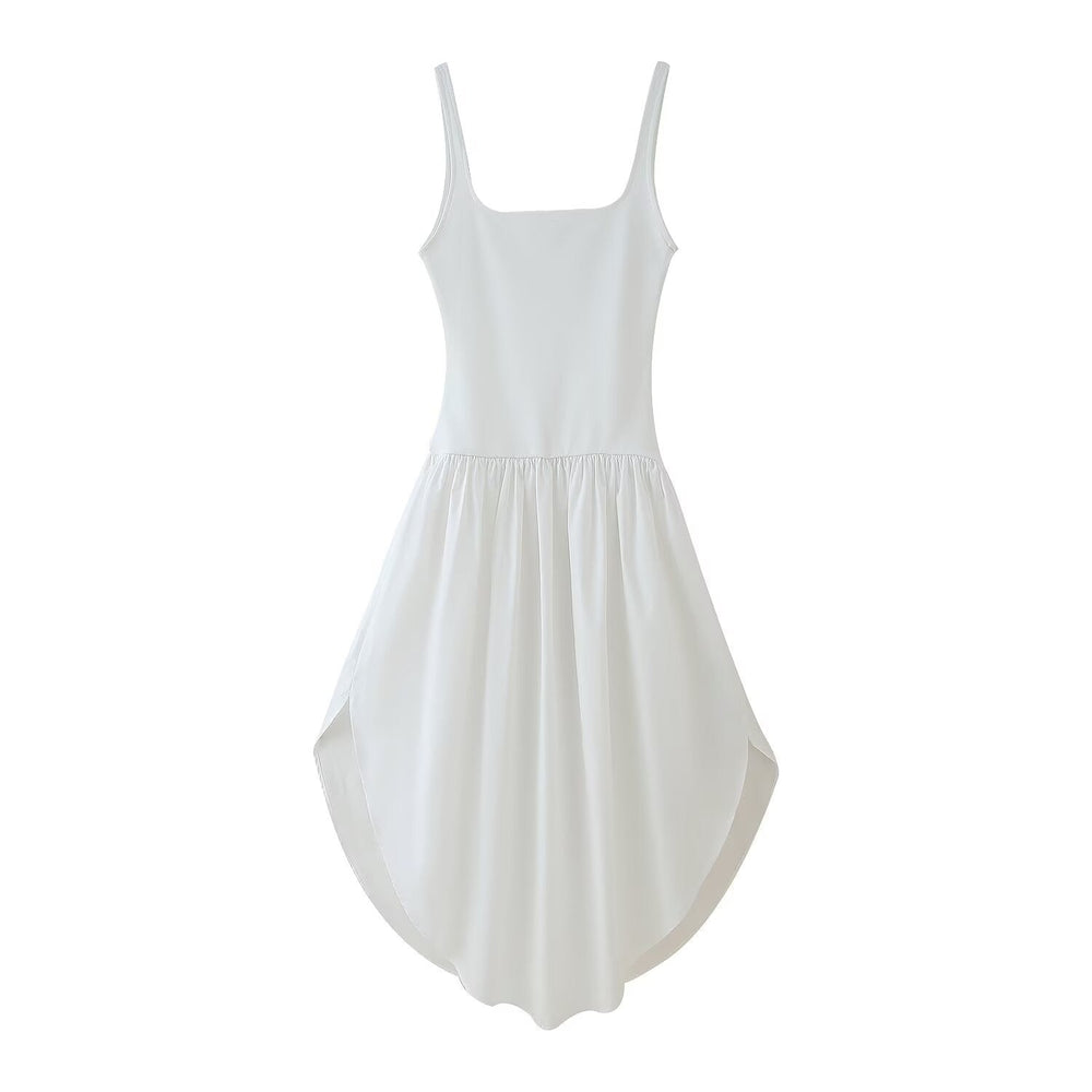 Summer Solid Color Stitching Spaghetti Straps Sleeveless Dress