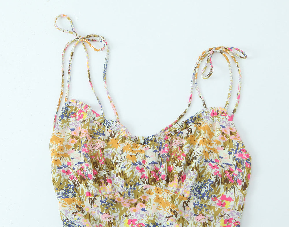 Women Sexy Backless Hip Women Floral Tie Neck Dress