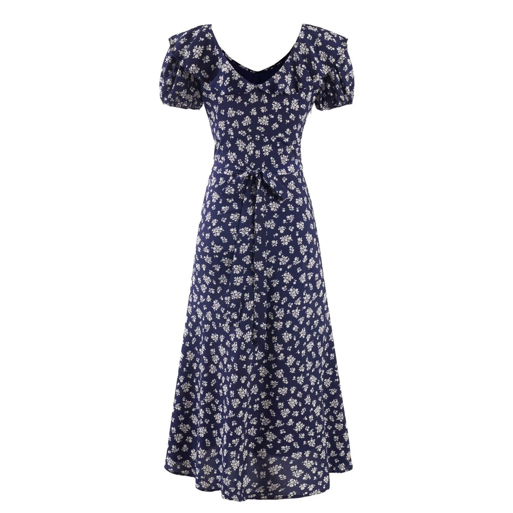 Summer Short Sleeve Floral Dress Women High Sense Cinched Sleeveless V neck Maxi Dress