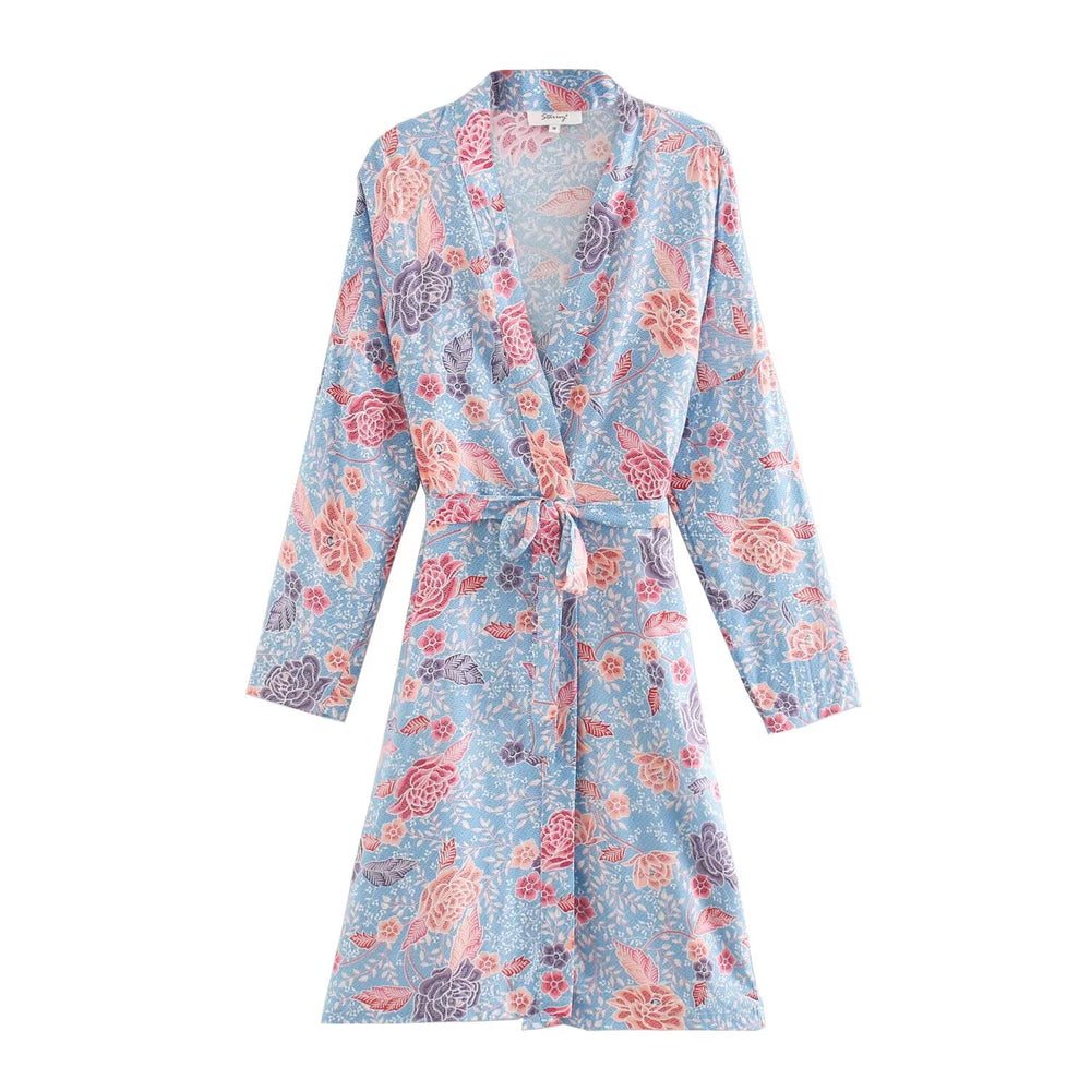 Women Clothing Summer Light Elegant Fashionable Floral Print Belt Kimono Jacket
