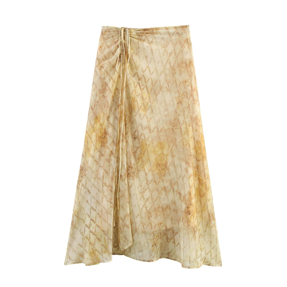 Women Clothing Summer Holiday Blooming Printed Pull Belt Chiffon Irregular Asymmetric Skirt