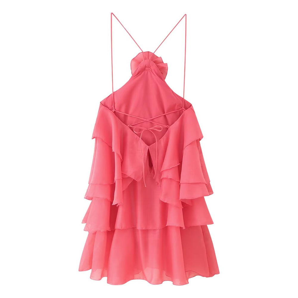 Elegant Sexy Short Summer Halter Three Dimensional Floral Design Lace up Sleeveless Dress