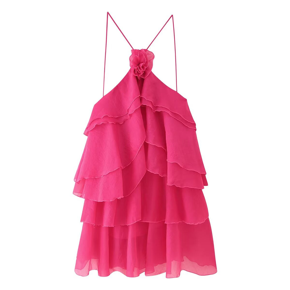 Elegant Sexy Short Summer Halter Three Dimensional Floral Design Lace up Sleeveless Dress