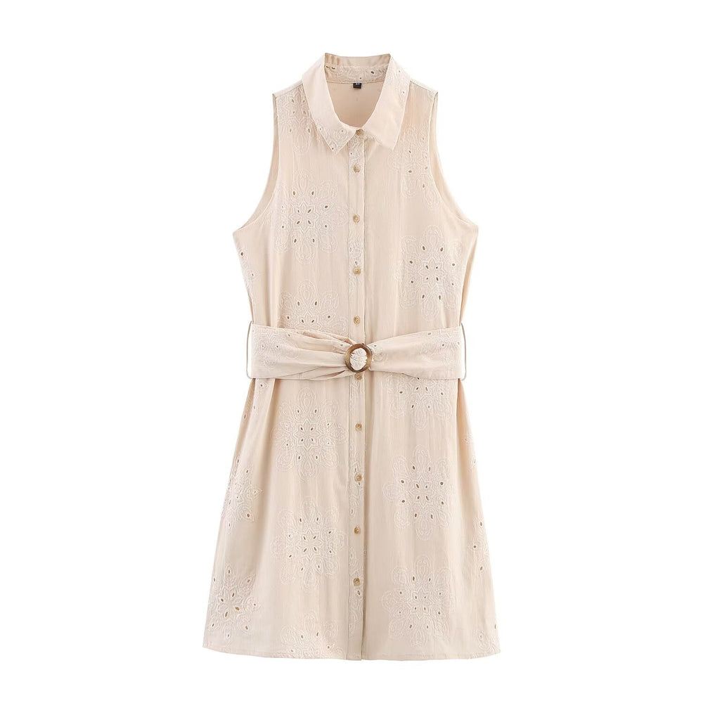 Women Clothing Summer Office Sleeveless Hollow Out Cutout Embroidery Short Dress