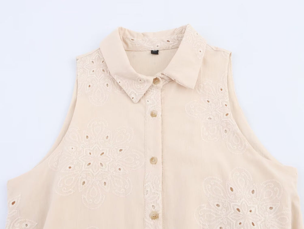 Women Clothing Summer Office Sleeveless Hollow Out Cutout Embroidery Short Dress