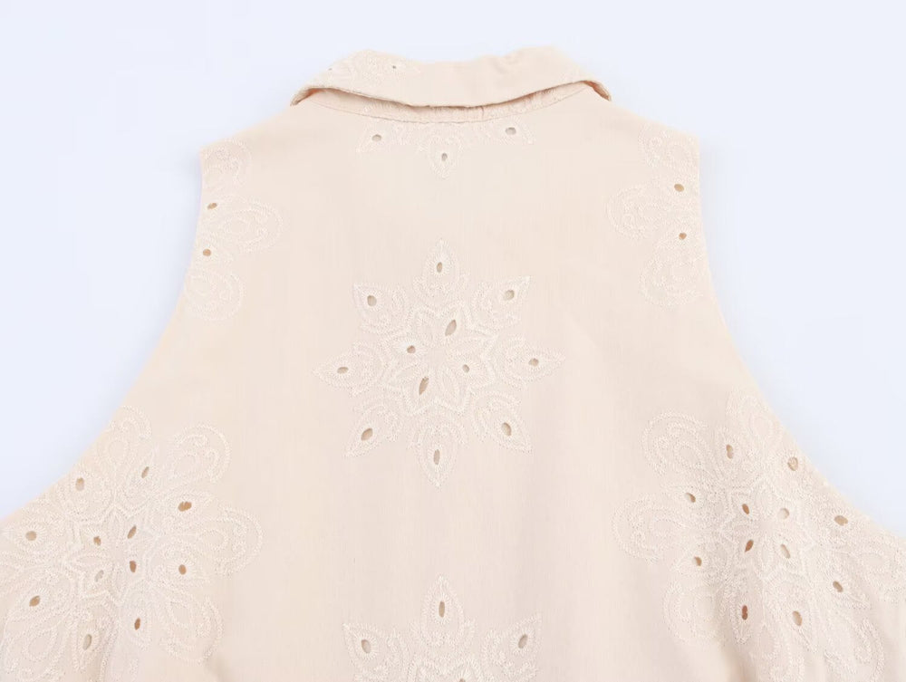 Women Clothing Summer Office Sleeveless Hollow Out Cutout Embroidery Short Dress