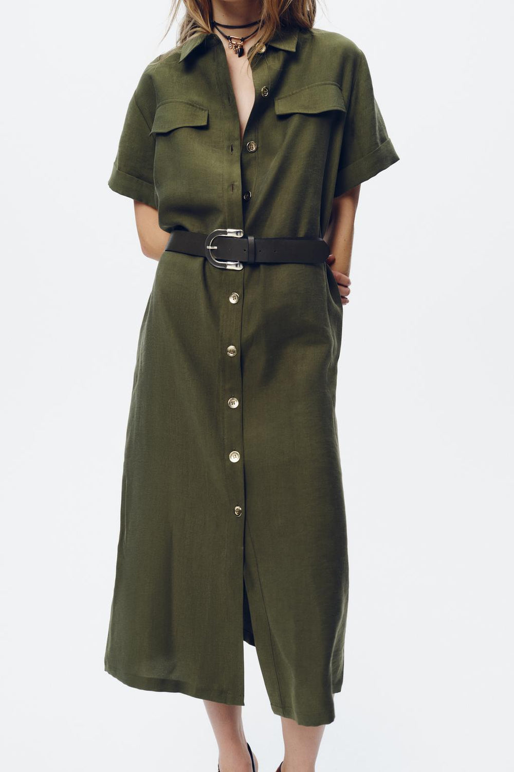Women Wear Belt Midi Dress