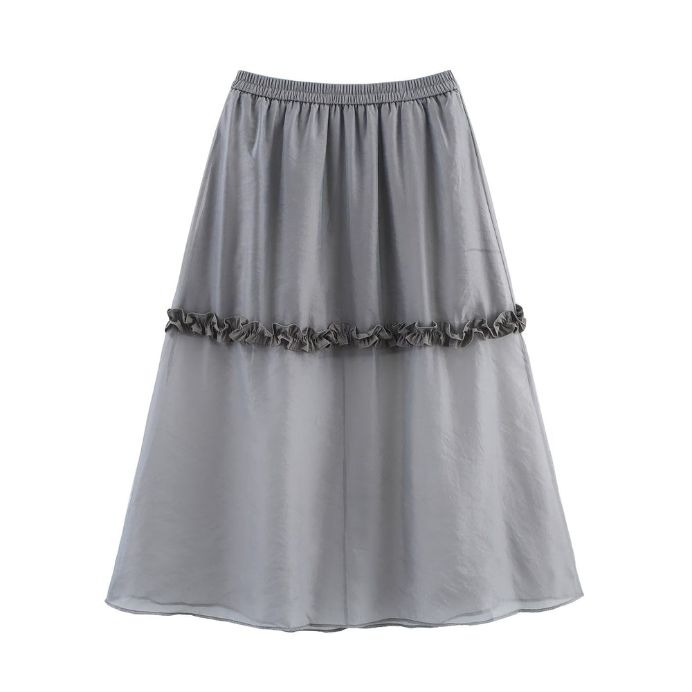 Summer Women Clothing Glass Yarn See through Wooden Ear Elastic Waist Skirt
