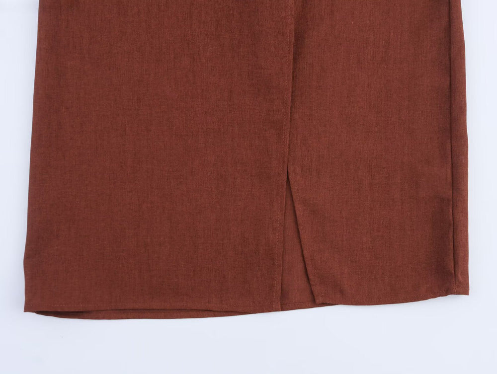 Women Linen Blended Gold Inlaid Midi Dress