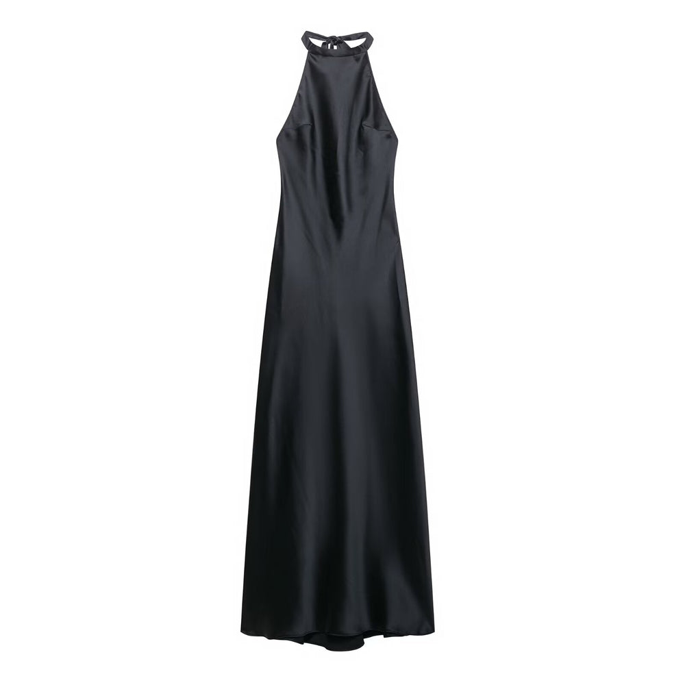 Summer Hanging Collar Silk Satin Texture Dress
