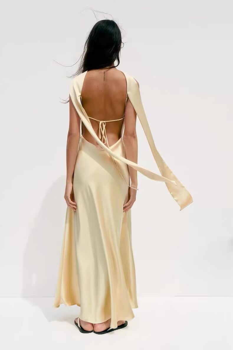 Women Elegant Thin Scarf Silk Satin Texture Dress