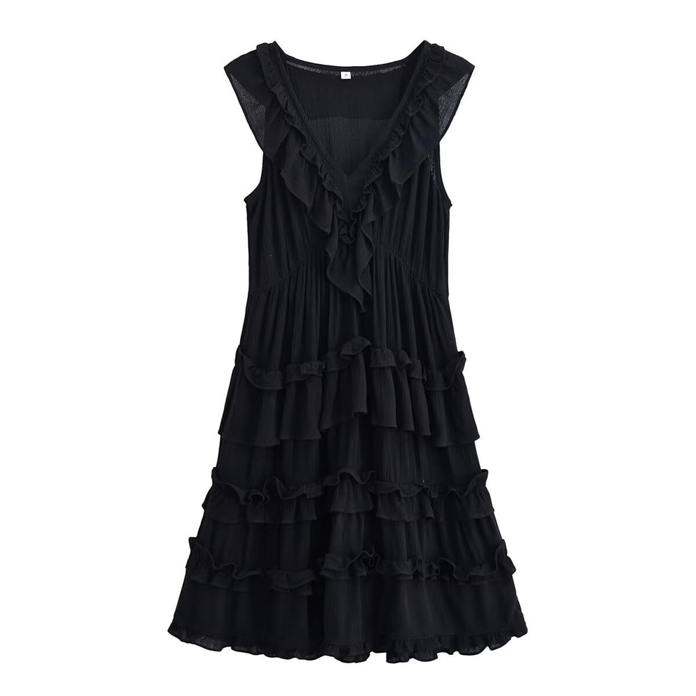 Rayon Ruffled Casual V neck Sleeveless Dress Summer Dress Women