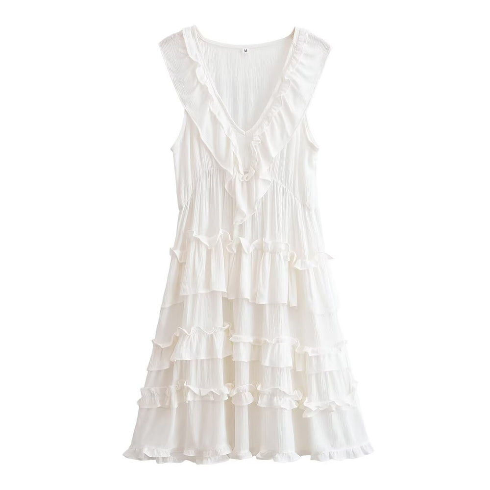 Rayon Ruffled Casual V neck Sleeveless Dress Summer Dress Women