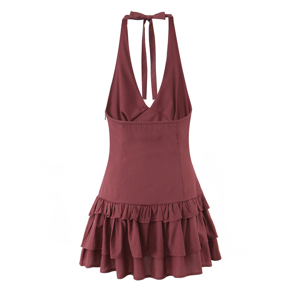 Sexy Halter Tiered Dress Women Summer Sexy Deep V Plunge neck Waist Controlled Slimming